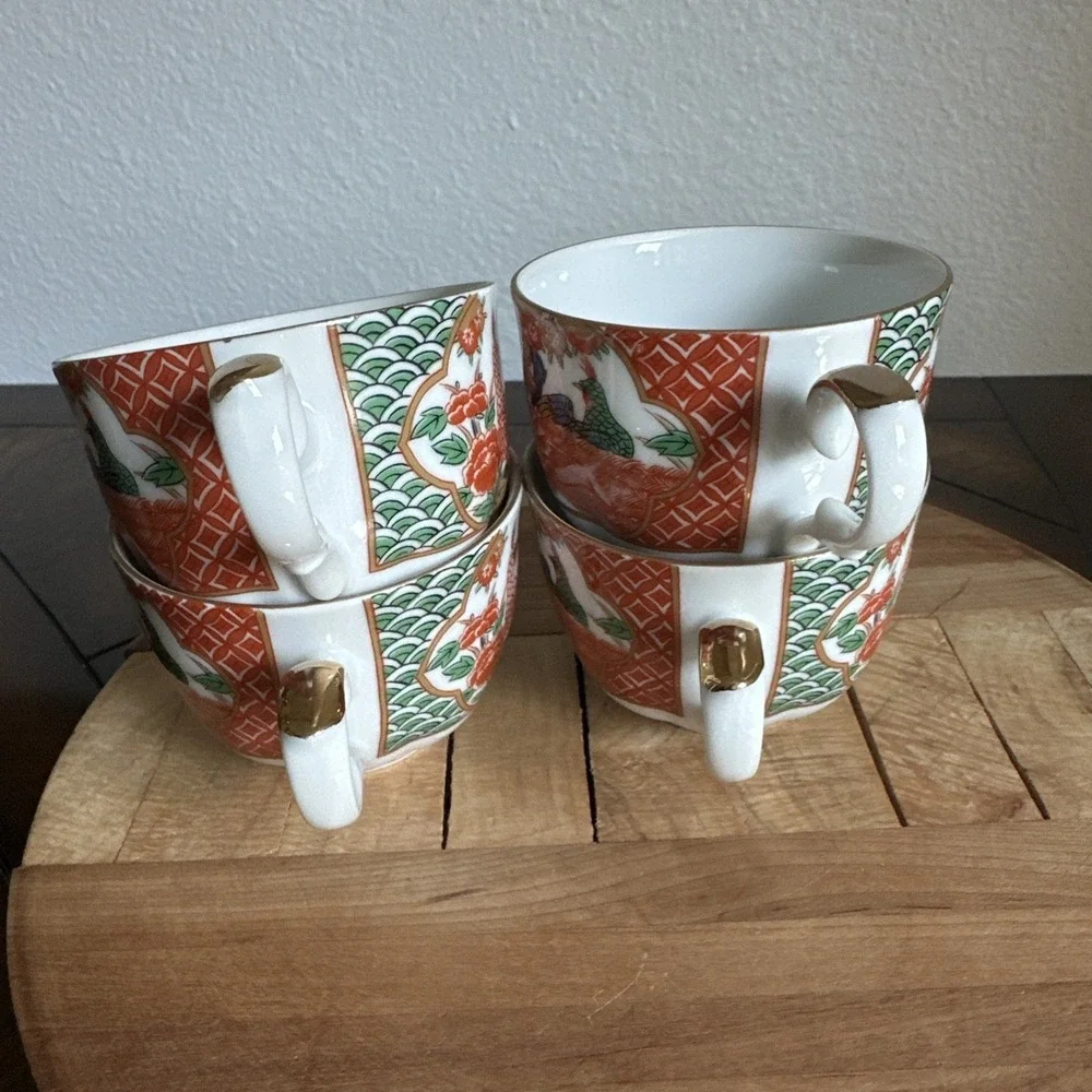 Imari Arita Peacock Coffee Or Tea Cups Made In Japan Set Of 4 Signed Ornate